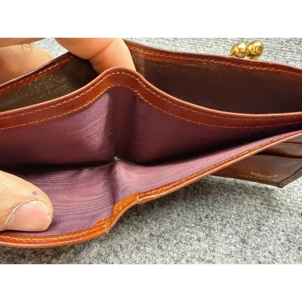 Bosca Brown Leather Bifold Wallet Coin Pocket Frame Clasp Pre-Owned